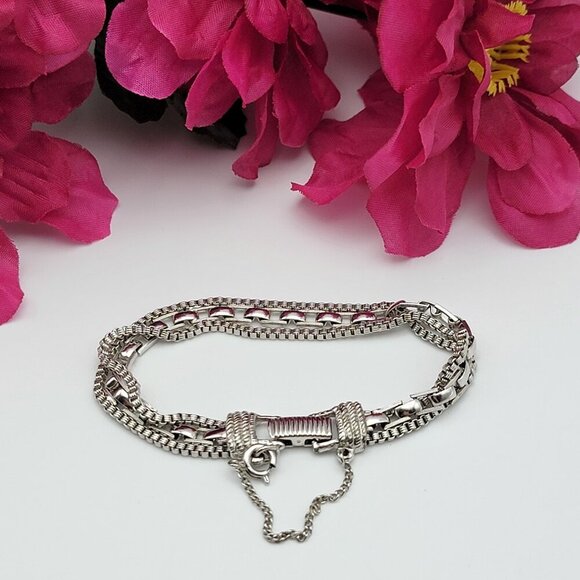 Goldette Bracelet Silver Tone Three-Row Fold Over Clasp Safety Chain 7 Inch - Picture 1 of 6